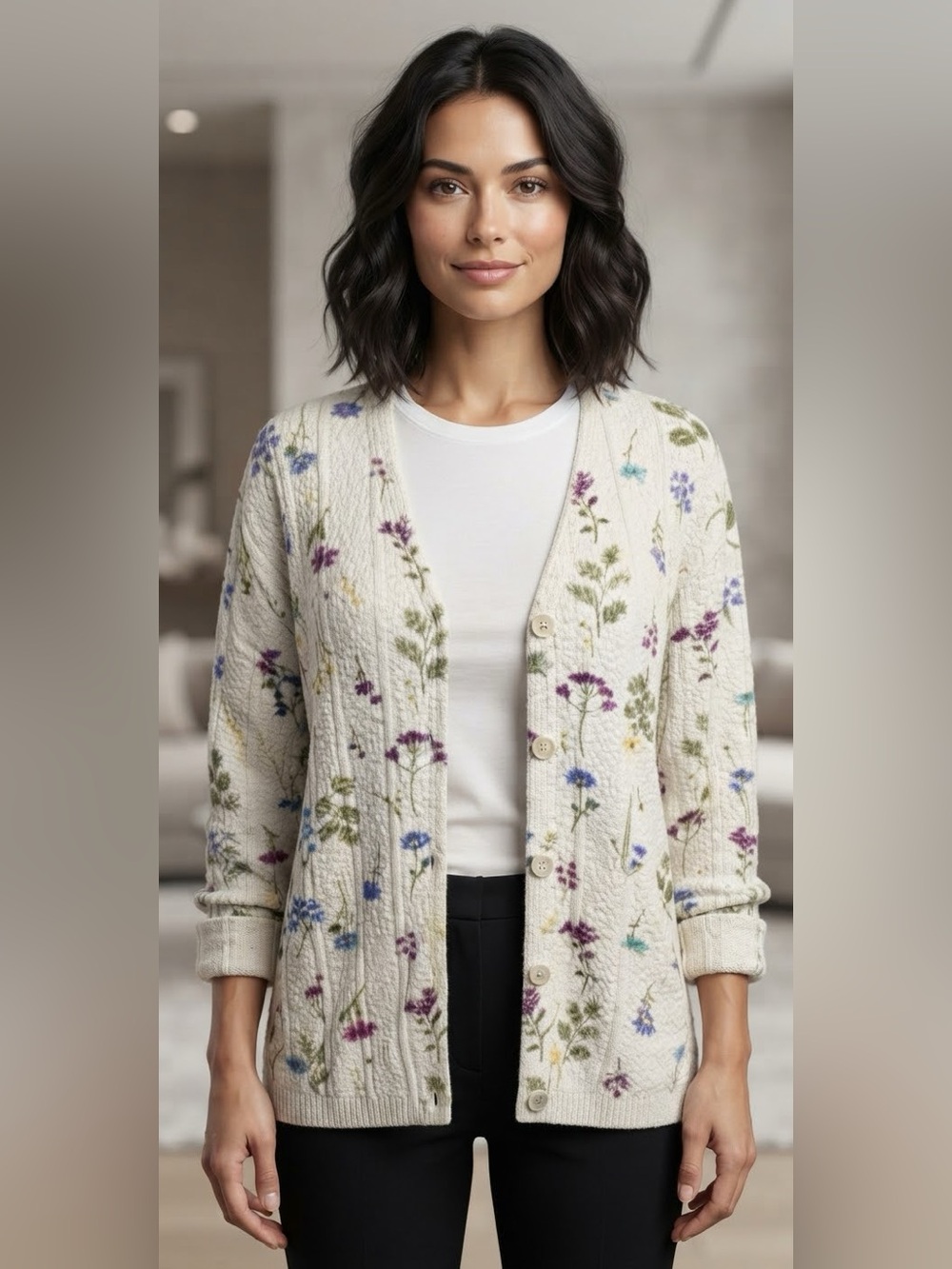 Vintage Big City Botanical Wildflower Print Knit Cardigan Medium